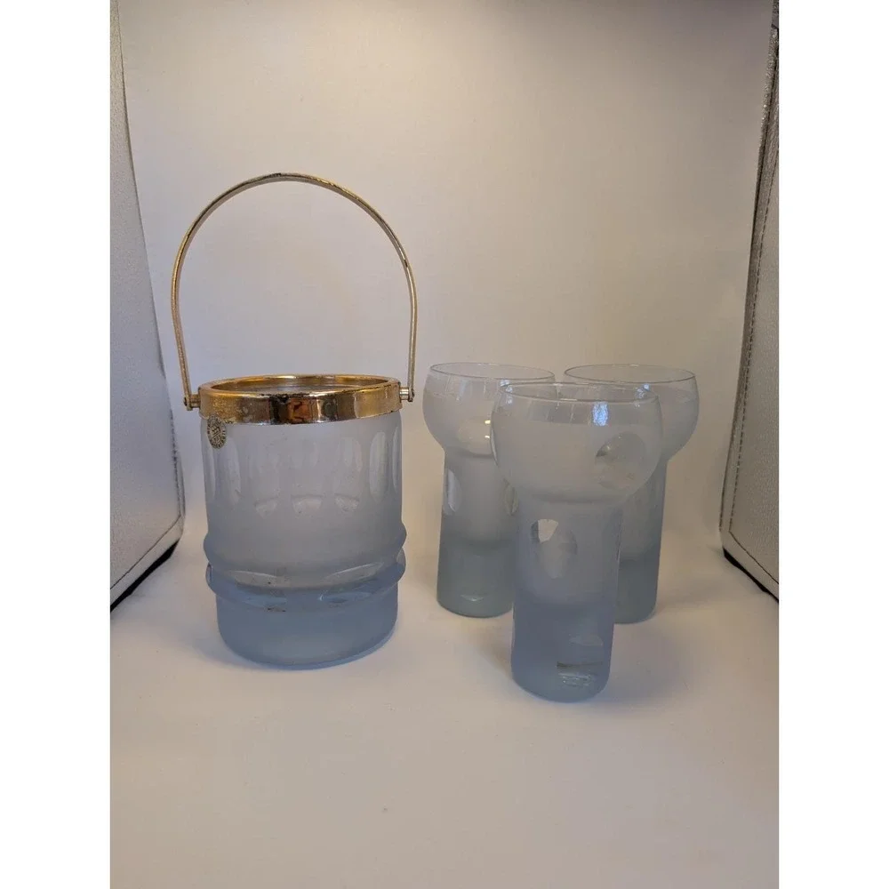 Vintage‎ Neodymium Alexandrite Glass Ice Bucket and 3 Tumbler Set Color Changing